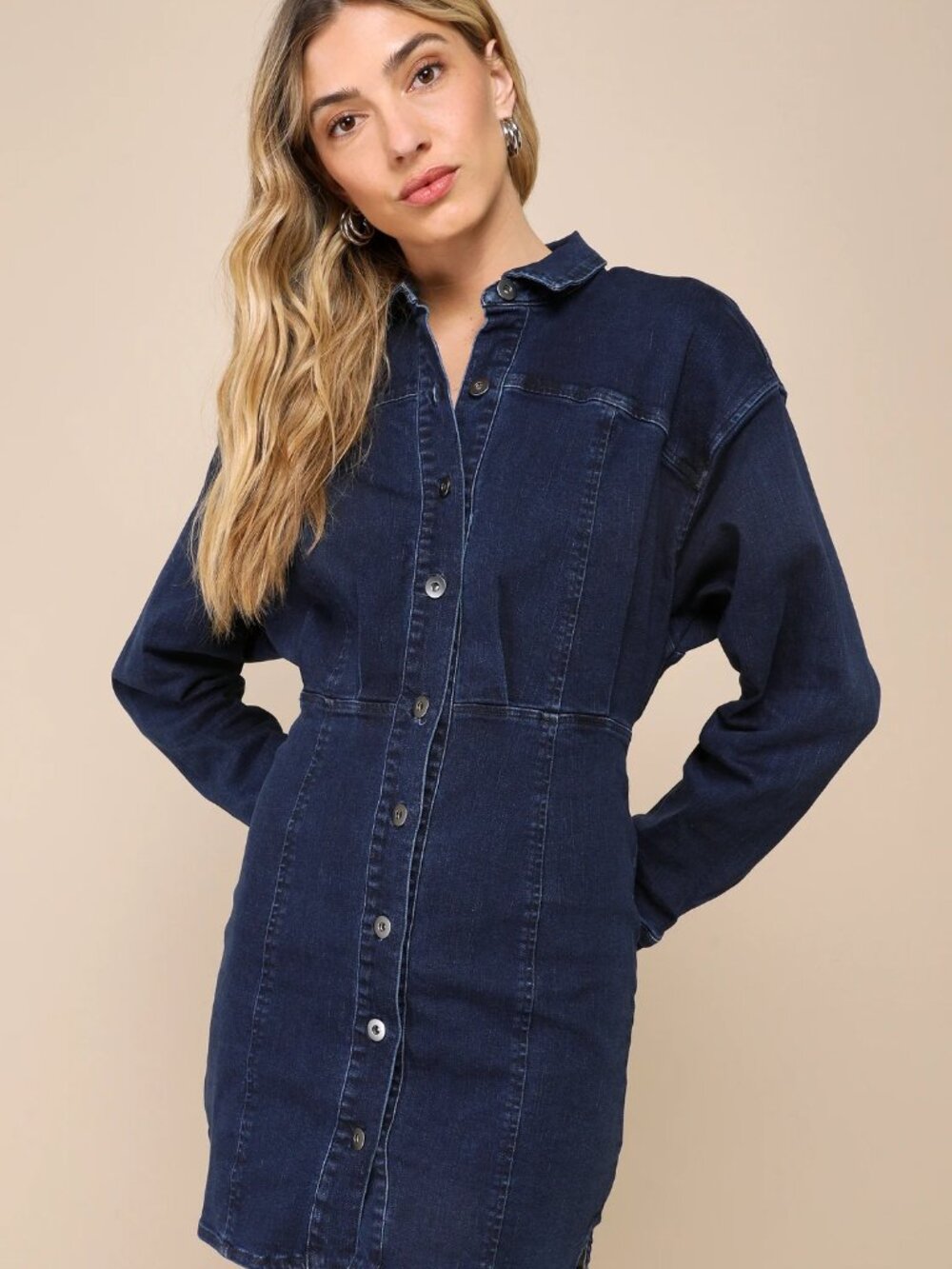 The Free People Amber Stretch-Denim Minidress is a shapely shirtdress